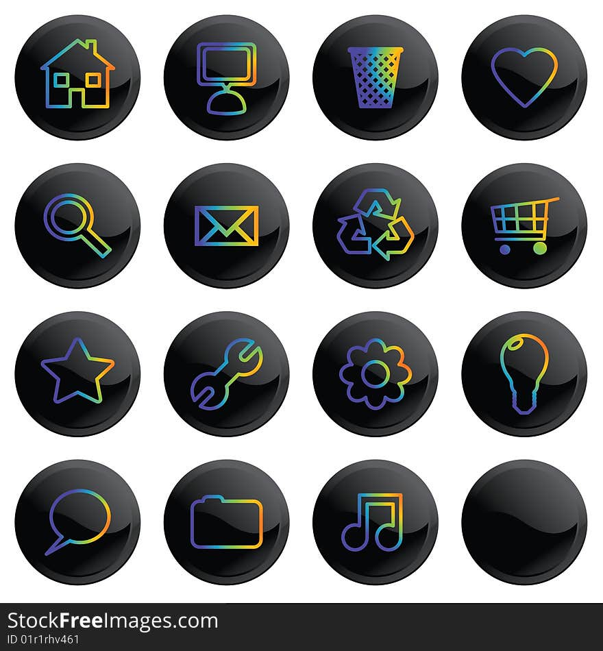 Black shiny buttons with rainbow colored icons. Black shiny buttons with rainbow colored icons