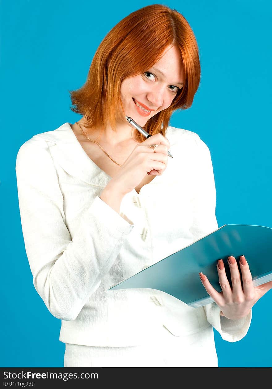 Pretty secretary held folder, isolated on blue background