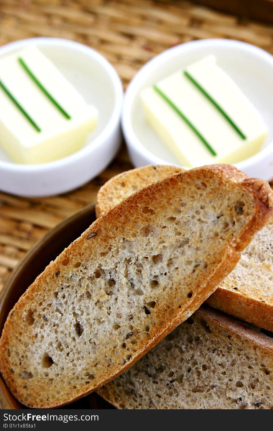 Breakfast set up, bread slices and butter. Breakfast set up, bread slices and butter