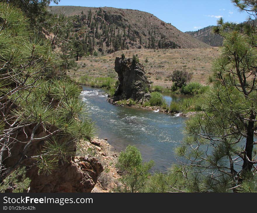 River Flows By Rocks And Trees