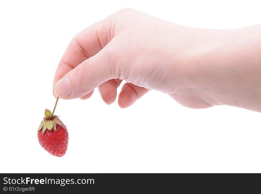 Hand with strawberry isolated on white background. Hand with strawberry isolated on white background