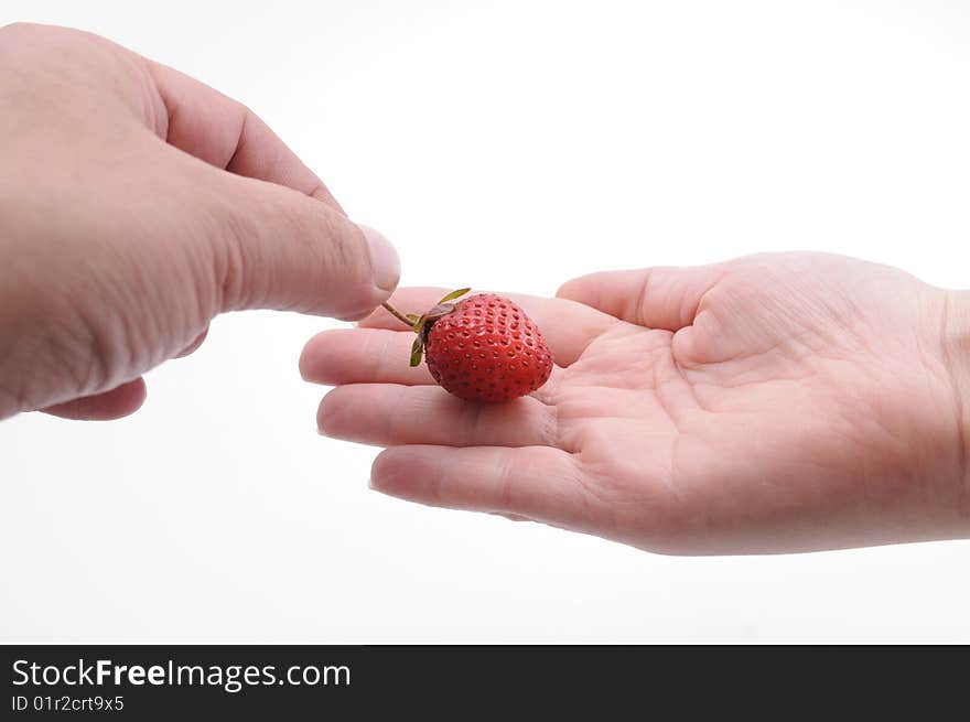 Hands with strawberry isolated on white background. Hands with strawberry isolated on white background