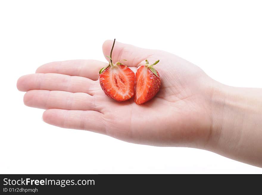 Hand with strawberry isolated on white background. Hand with strawberry isolated on white background