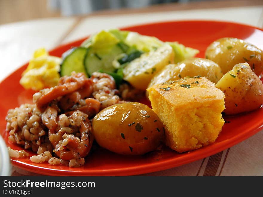 Squids rice with vegetables on red plate, piece on fork. Squids rice with vegetables on red plate, piece on fork