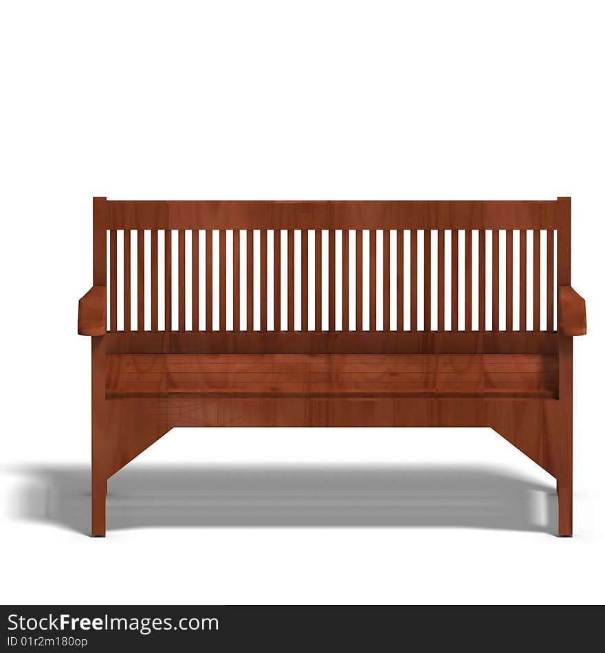 Wooden park bench. 3D render with clipping path and shadow over white