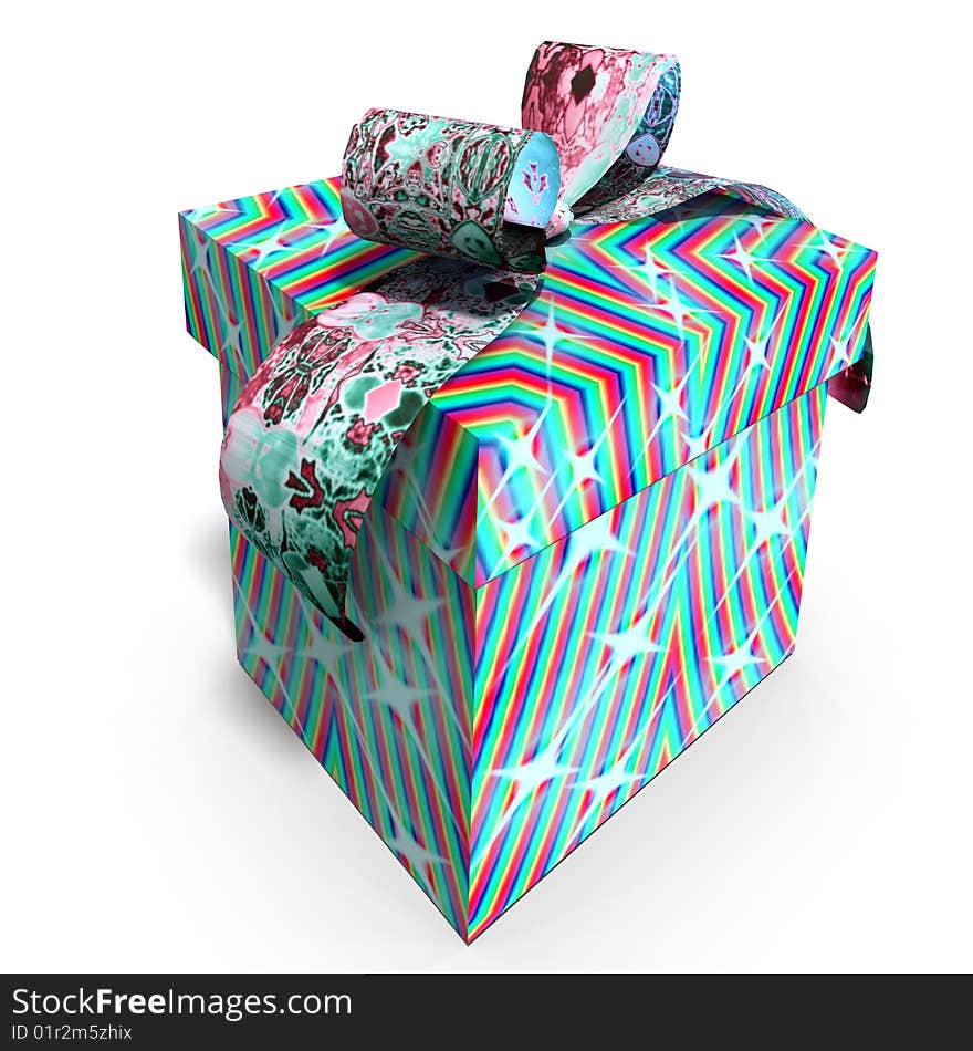 A colorful giftbox with a bow. 3D render with clipping path and shadow over white