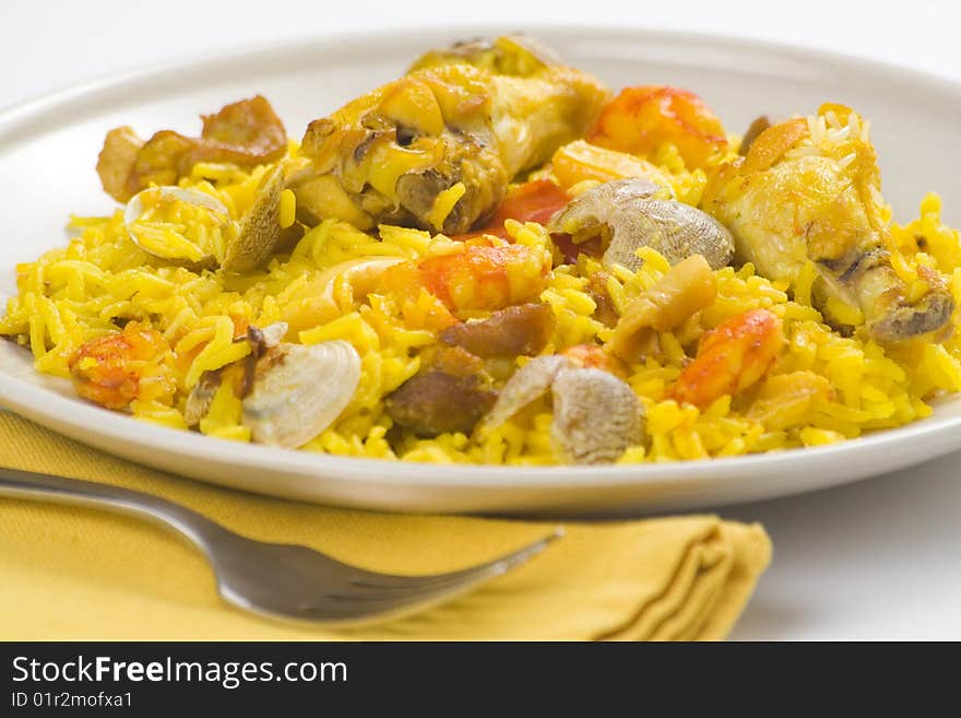 Delicious seafood paella and chicken rice yellow