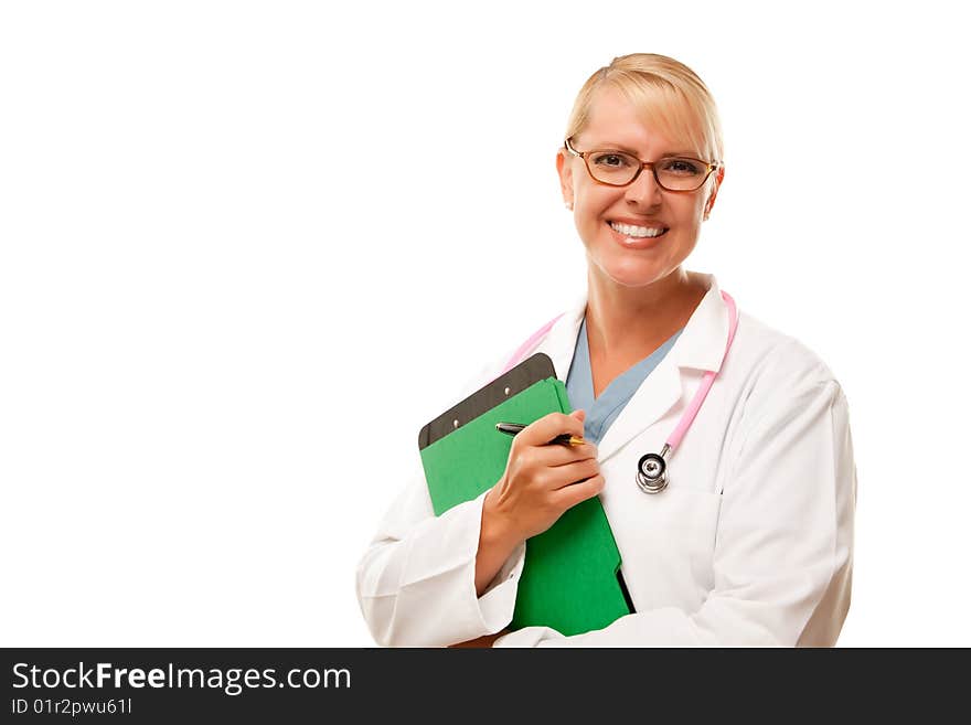 Friendly Female Blonde Doctor Isolated on a White Background.