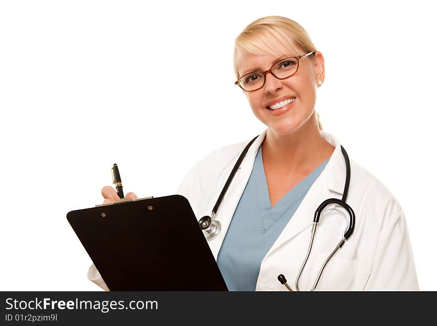 Friendly Female Blonde Doctor Isolated on a White Background.