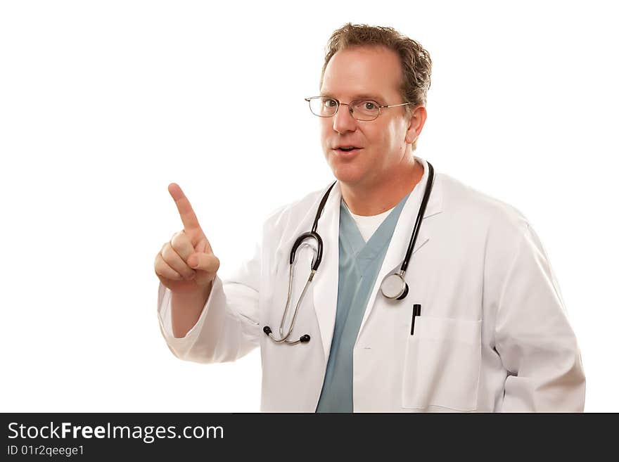 Male Doctor with One Finger Up Isolated on a White Background.