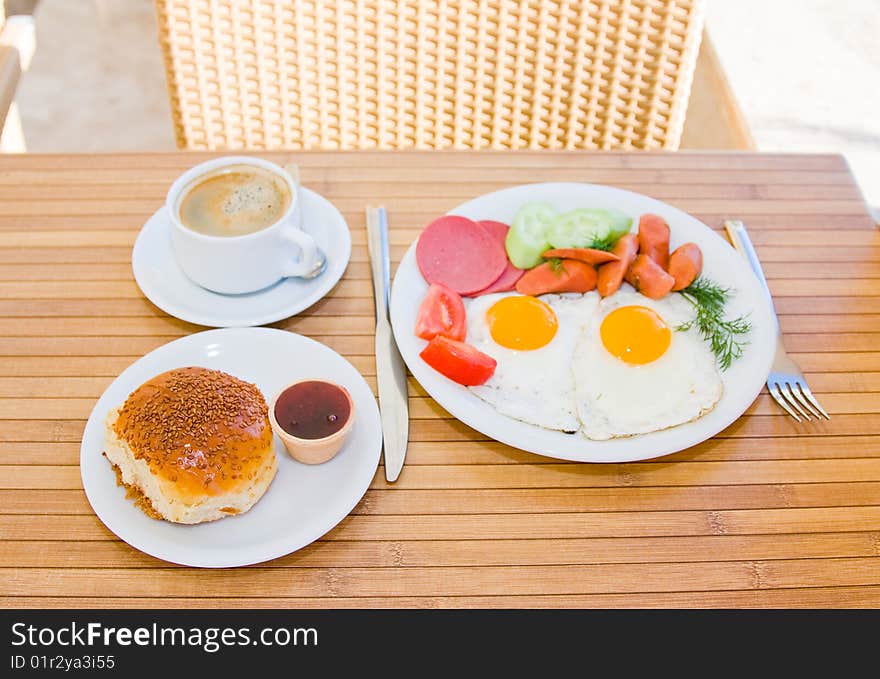 Breakfast served on the table. Breakfast served on the table