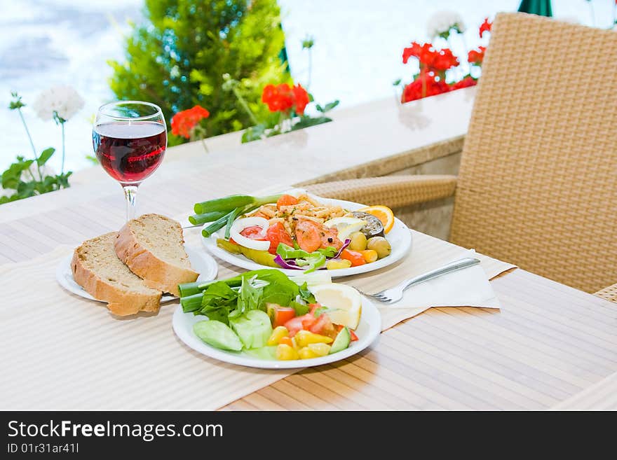 Breakfast served on the table. Breakfast served on the table