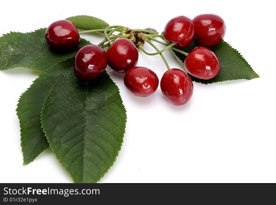 Close up with cherries isolated on white