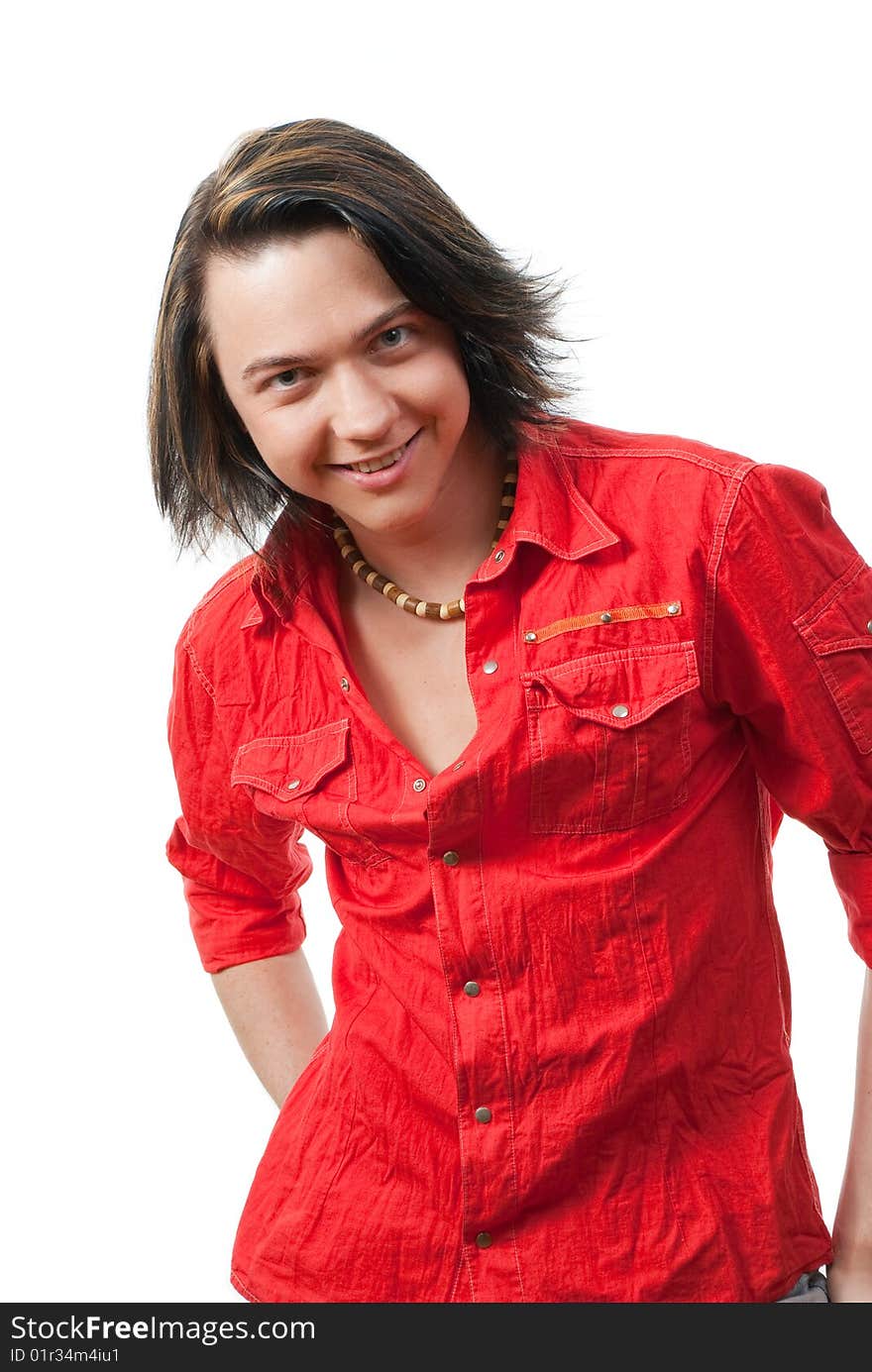 Studio portrait of happy young long-haired guy. Isolated over white. Studio portrait of happy young long-haired guy. Isolated over white.