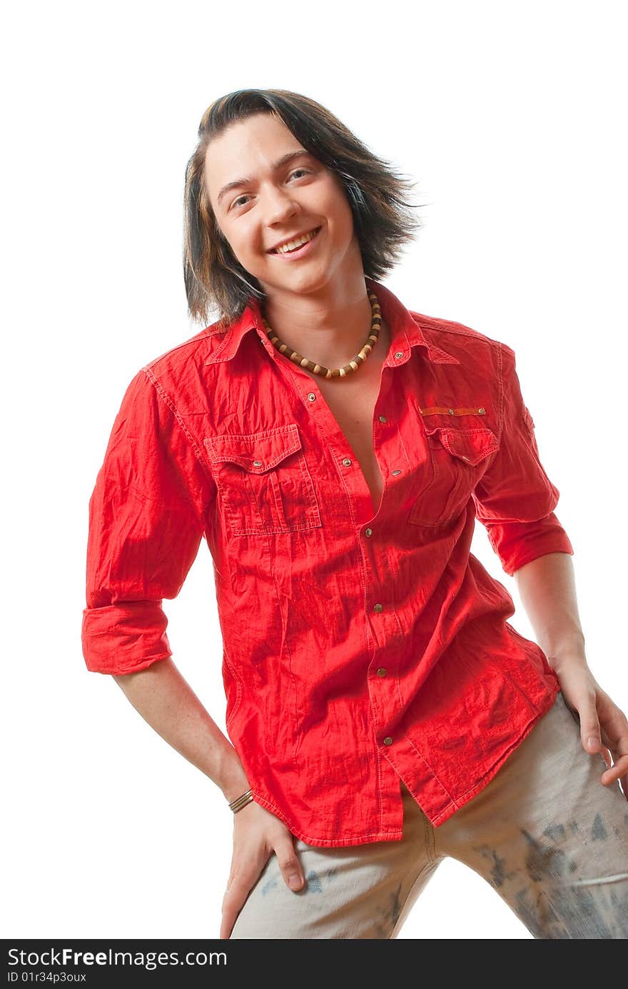 Studio portrait of happy young long-haired guy. Isolated over white. Studio portrait of happy young long-haired guy. Isolated over white.