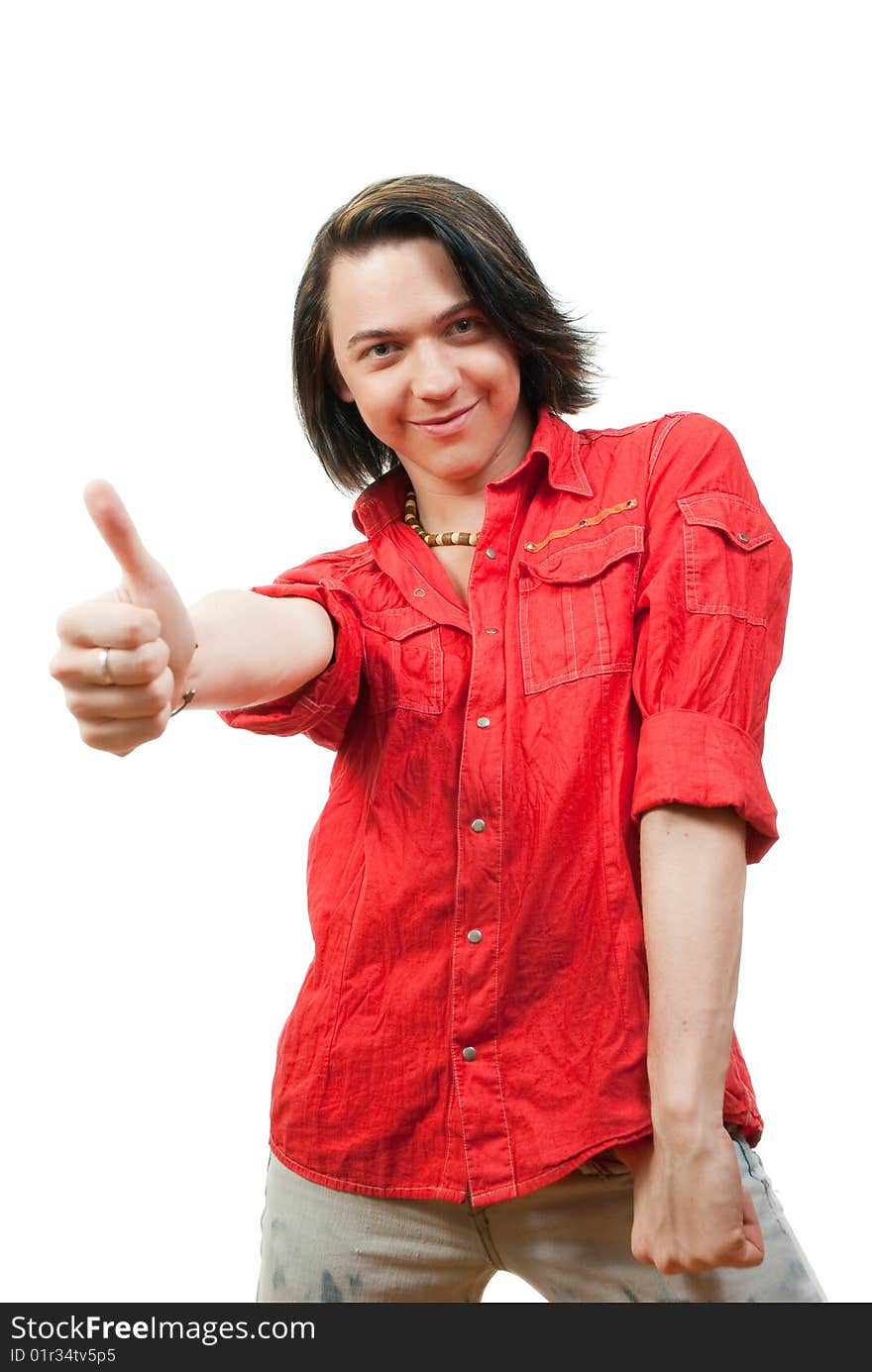 Studio portrait of happy young long-haired guy. Isolated over white. Studio portrait of happy young long-haired guy. Isolated over white.