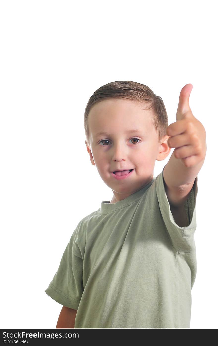 Little cute boy giving ok isolated over white background