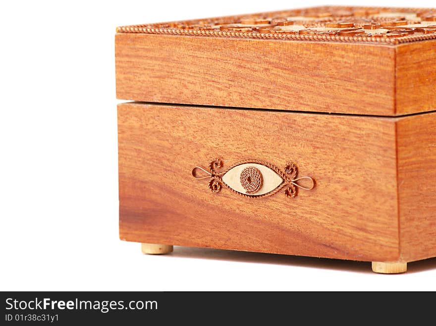 Red Wooden casket with a pattern from a copper wire.