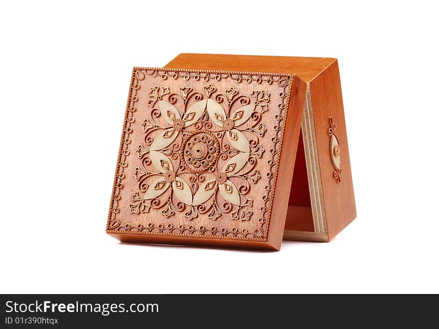 Red Wooden casket with a pattern from a copper wire.