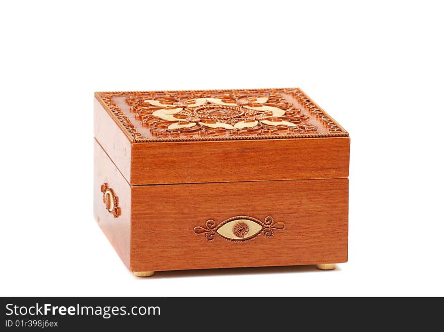 Red Wooden casket with a pattern from a copper wire.