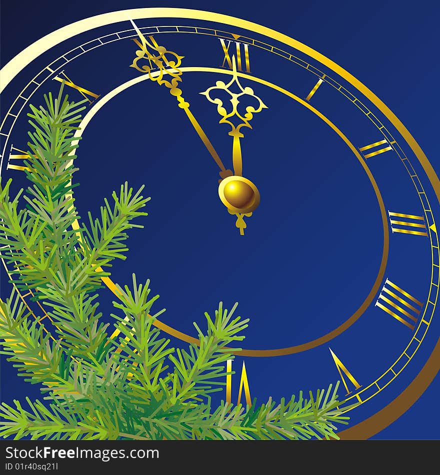 Clock-face with golden hands and fir branch. Clock-face with golden hands and fir branch