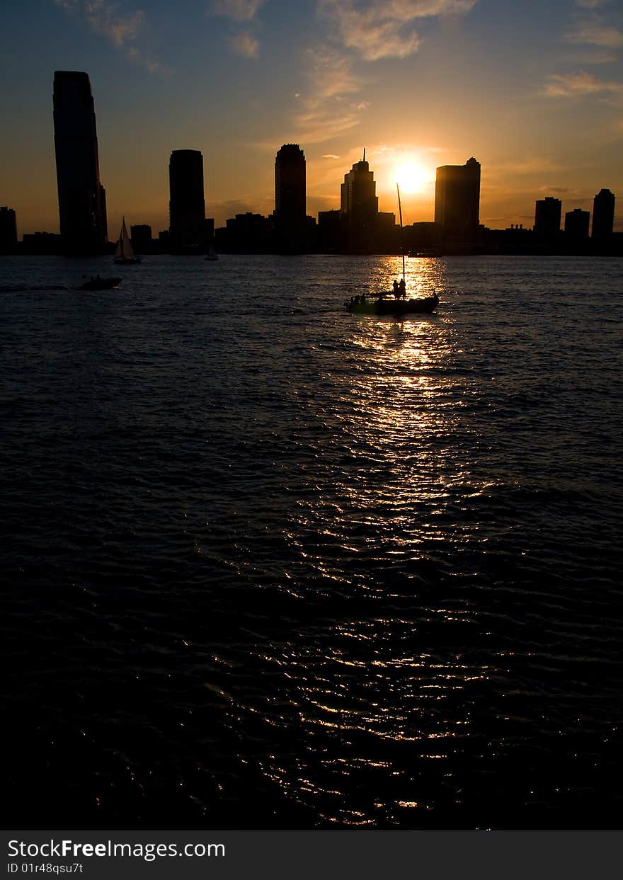 Sunset at battery Park City in New York city, USA.