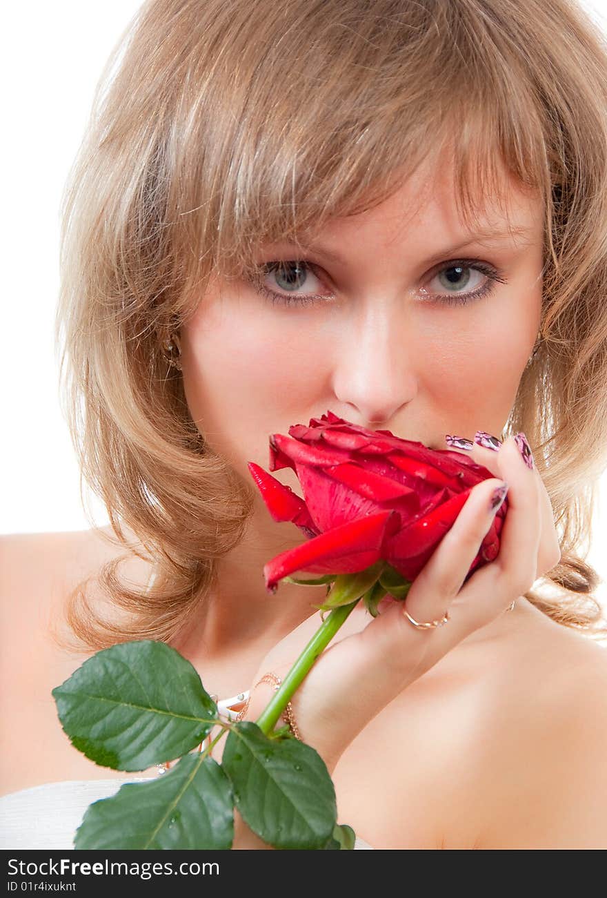 Blonde Face Portrait With Red Rose