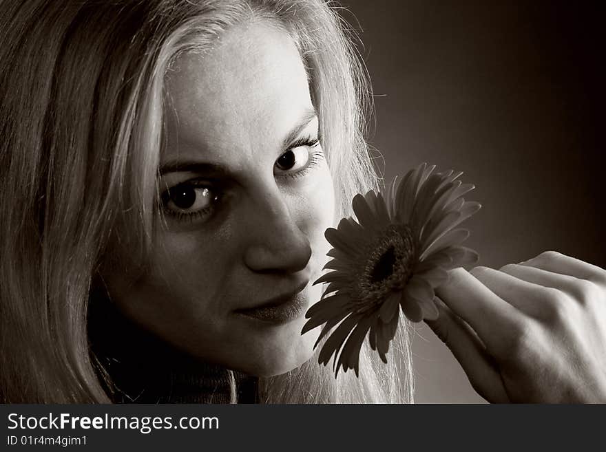 A young beautiful girl in dark jumper posing with a flower in her hand. A young beautiful girl in dark jumper posing with a flower in her hand