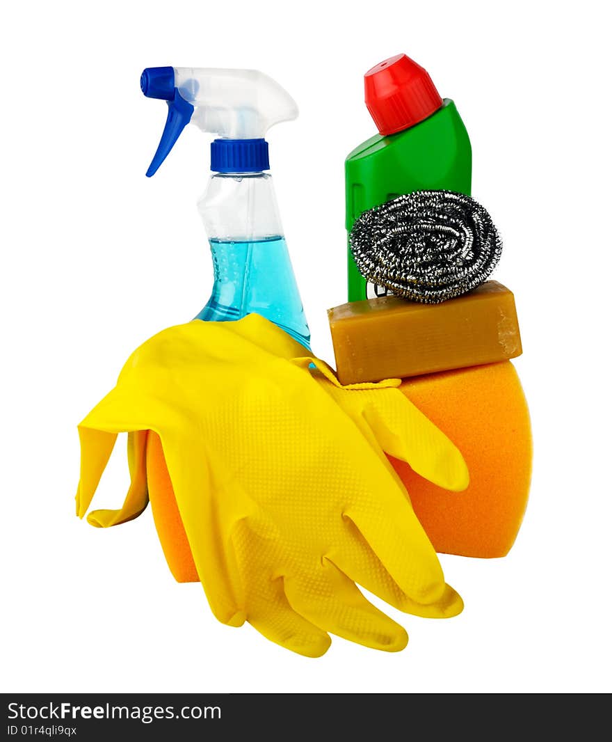 Still life of some the clearing tool, including a sponge, soap, gloves, a metal brush and two bottles of washing-up liquids. Still life of some the clearing tool, including a sponge, soap, gloves, a metal brush and two bottles of washing-up liquids