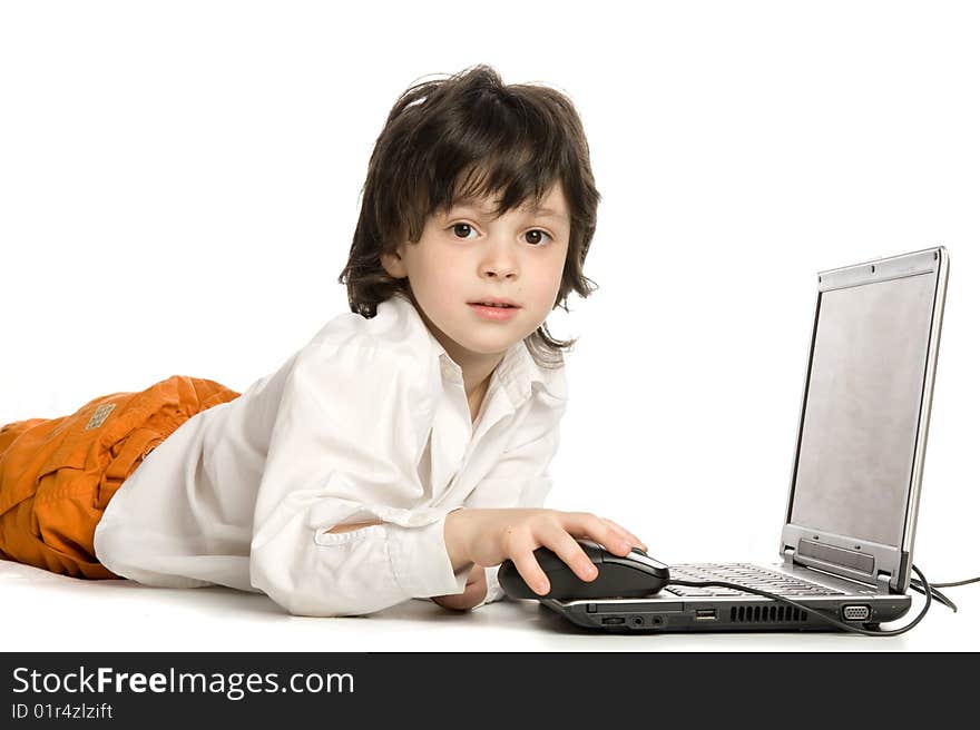 The Merry Boy With Laptop On White Background