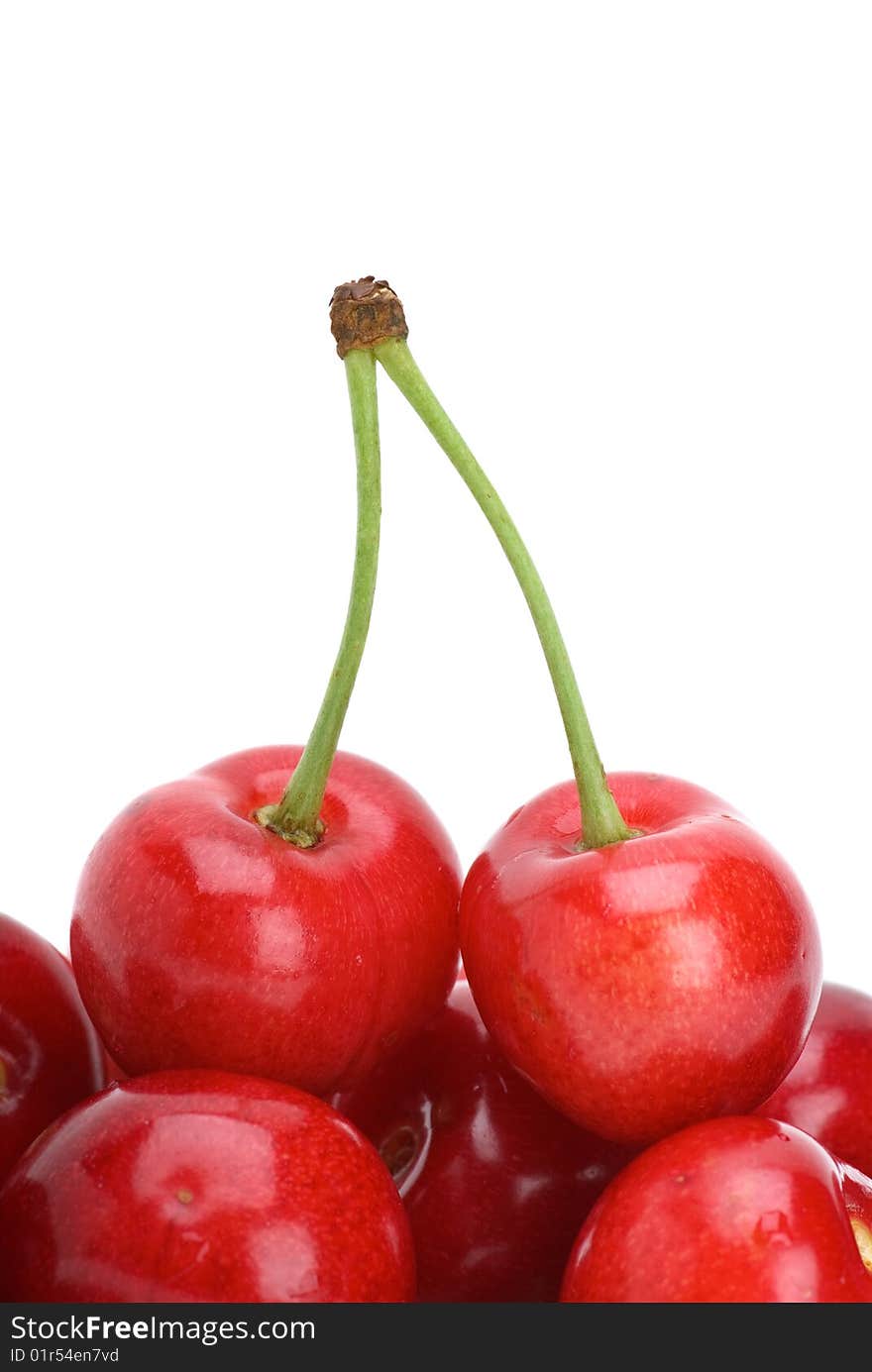 Red cherries isolated on the white background