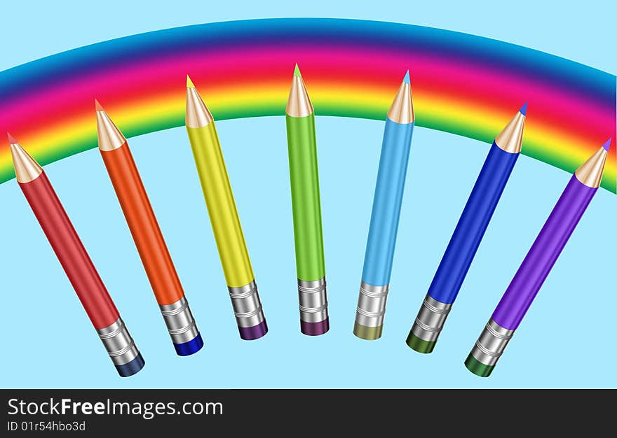 Seven colored pointed pencils and a rainbow in the background. Seven colored pointed pencils and a rainbow in the background