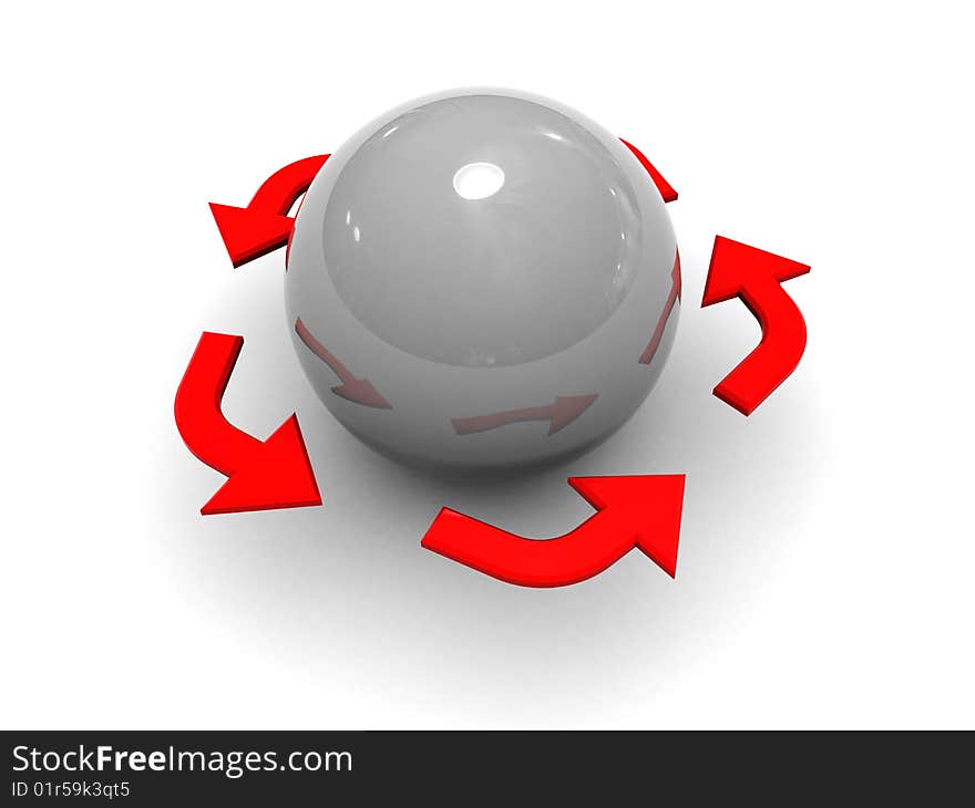 3d illustration of sphere and arrows around, cycle symbol