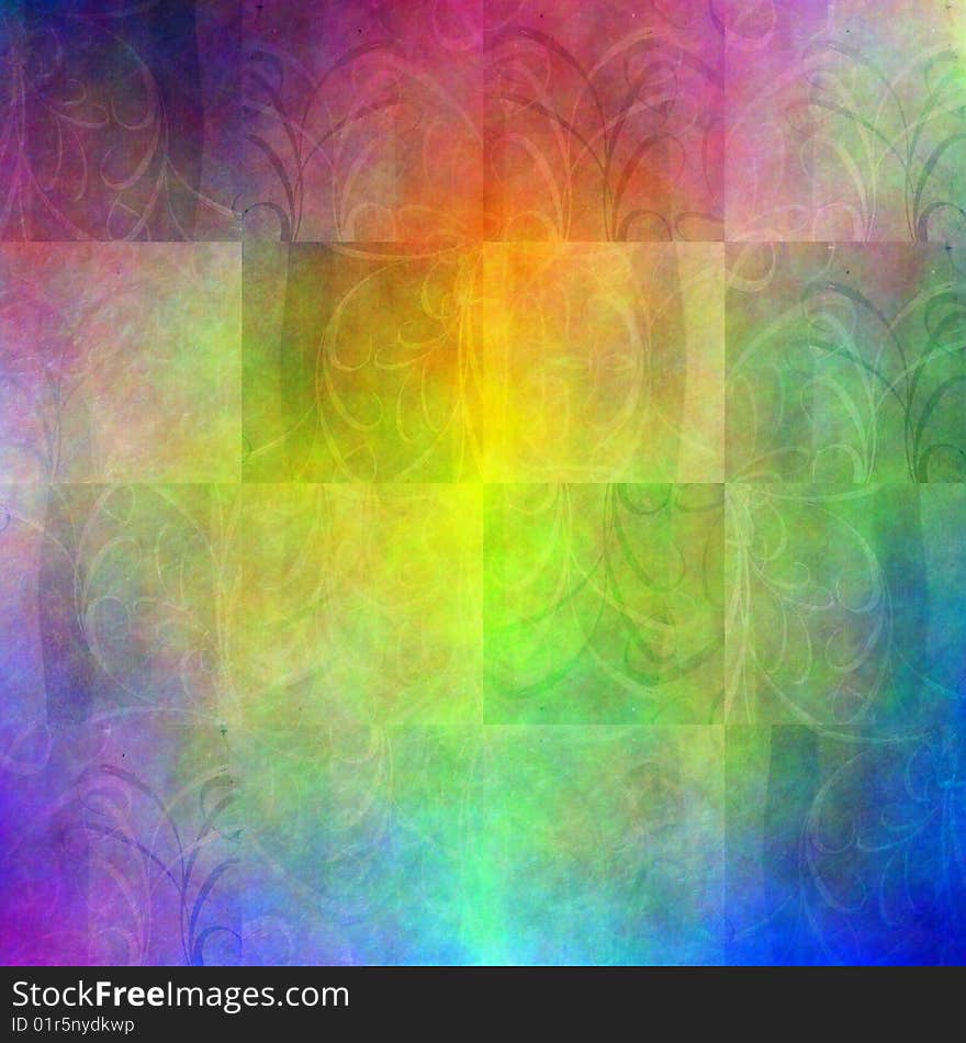 Grunge patchwork chess board like abstract tile with Psychedelic Colors nuances. Grunge patchwork chess board like abstract tile with Psychedelic Colors nuances.