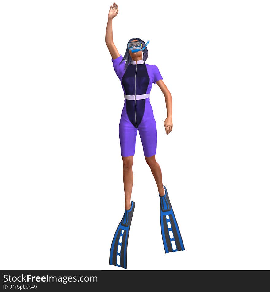 Female diver in colorful diving suit. 3D render with clipping path and shadow over white. Female diver in colorful diving suit. 3D render with clipping path and shadow over white