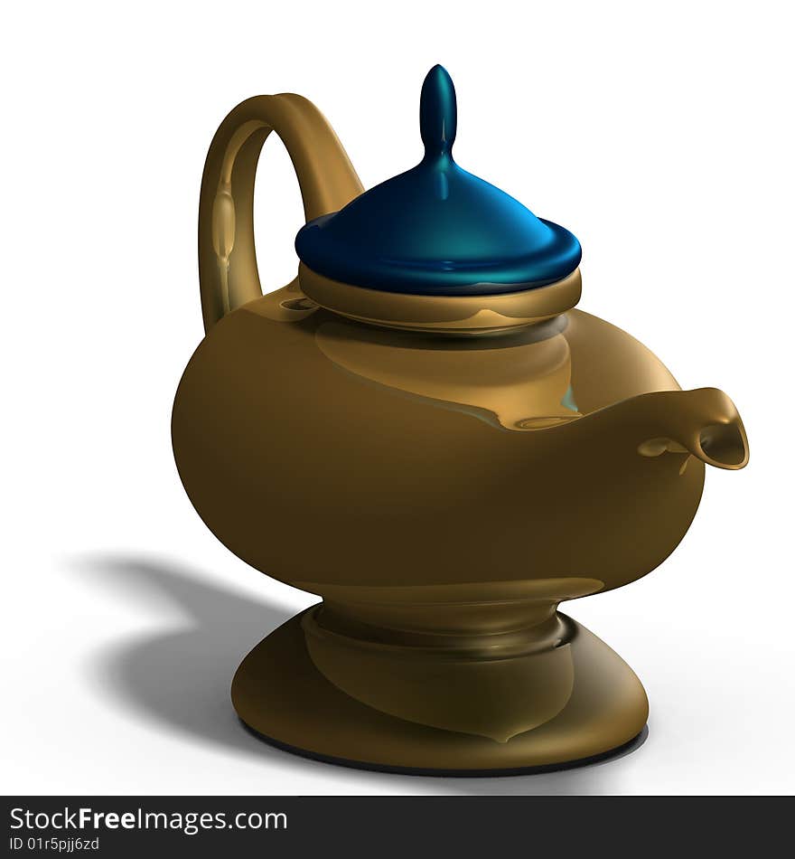 The magical lamp of Aladdin. 3D render with clipping path and shadow over white. The magical lamp of Aladdin. 3D render with clipping path and shadow over white