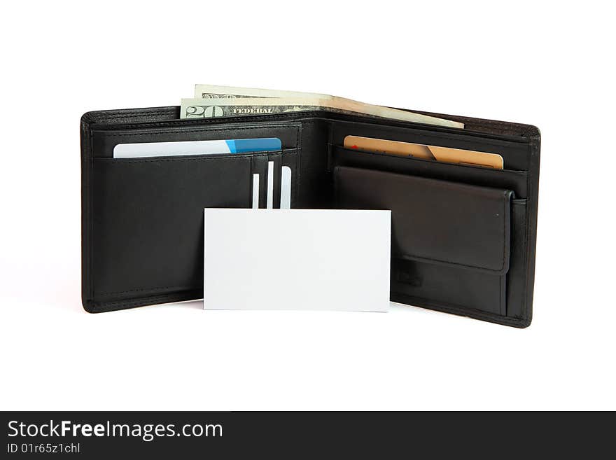 Business Card In Front Of Black Wallet Isolated