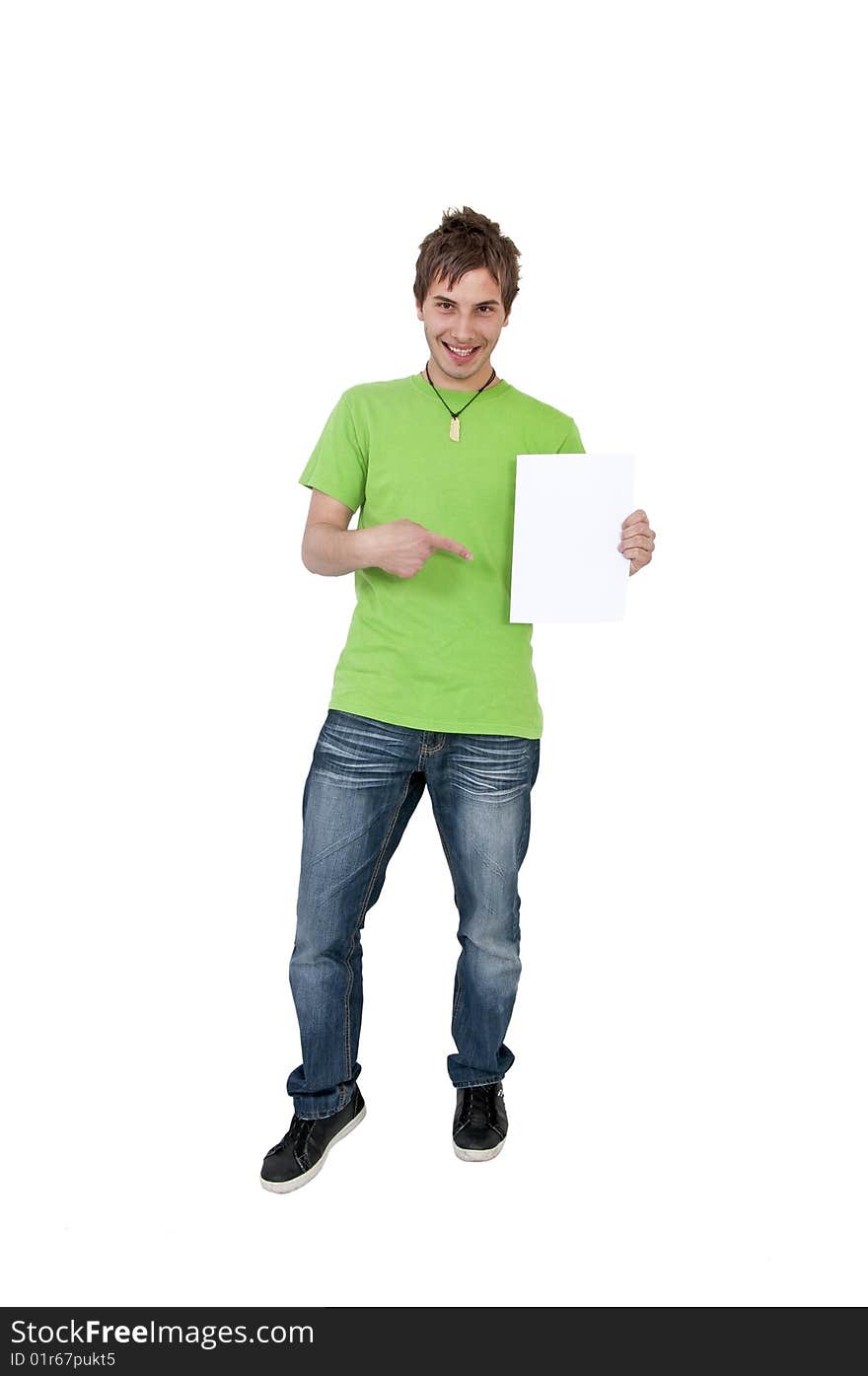 An young man showing paper. An young man showing paper