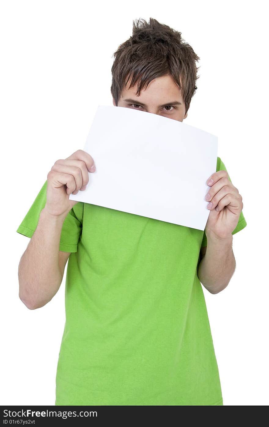 An young man showing paper. An young man showing paper