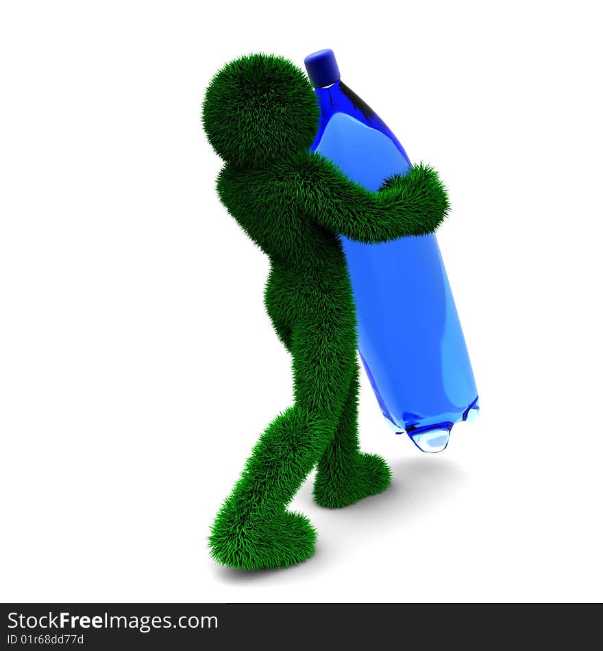 3D man holds bottle isolated on white. 3D man holds bottle isolated on white.