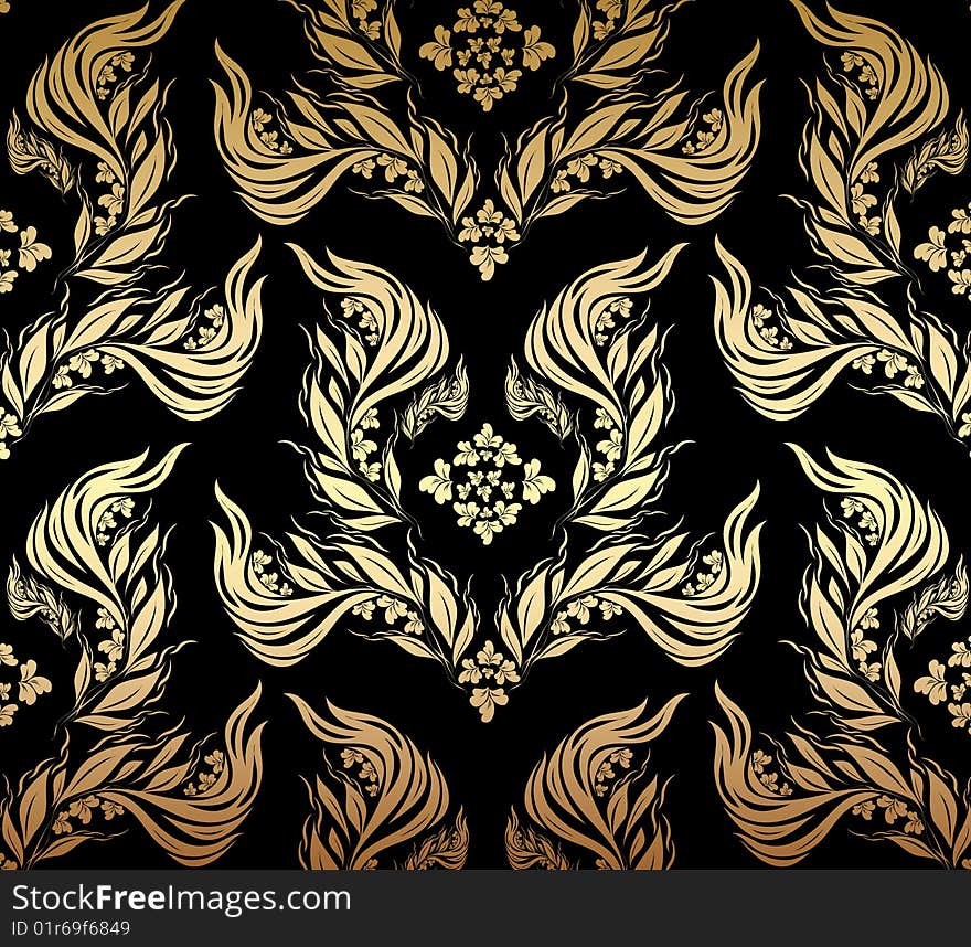 Vector decorative golden seamless floral ornament on a black background