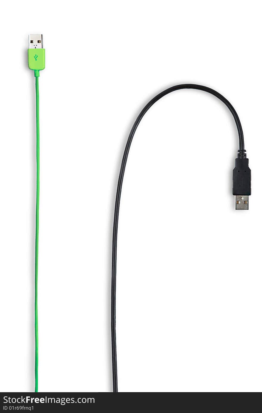 Two usb cables with one green more detter than an other black one. Two usb cables with one green more detter than an other black one