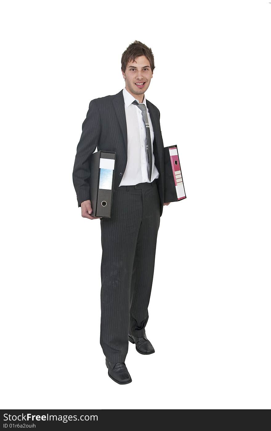 Young business man in suit holding folders. Young business man in suit holding folders