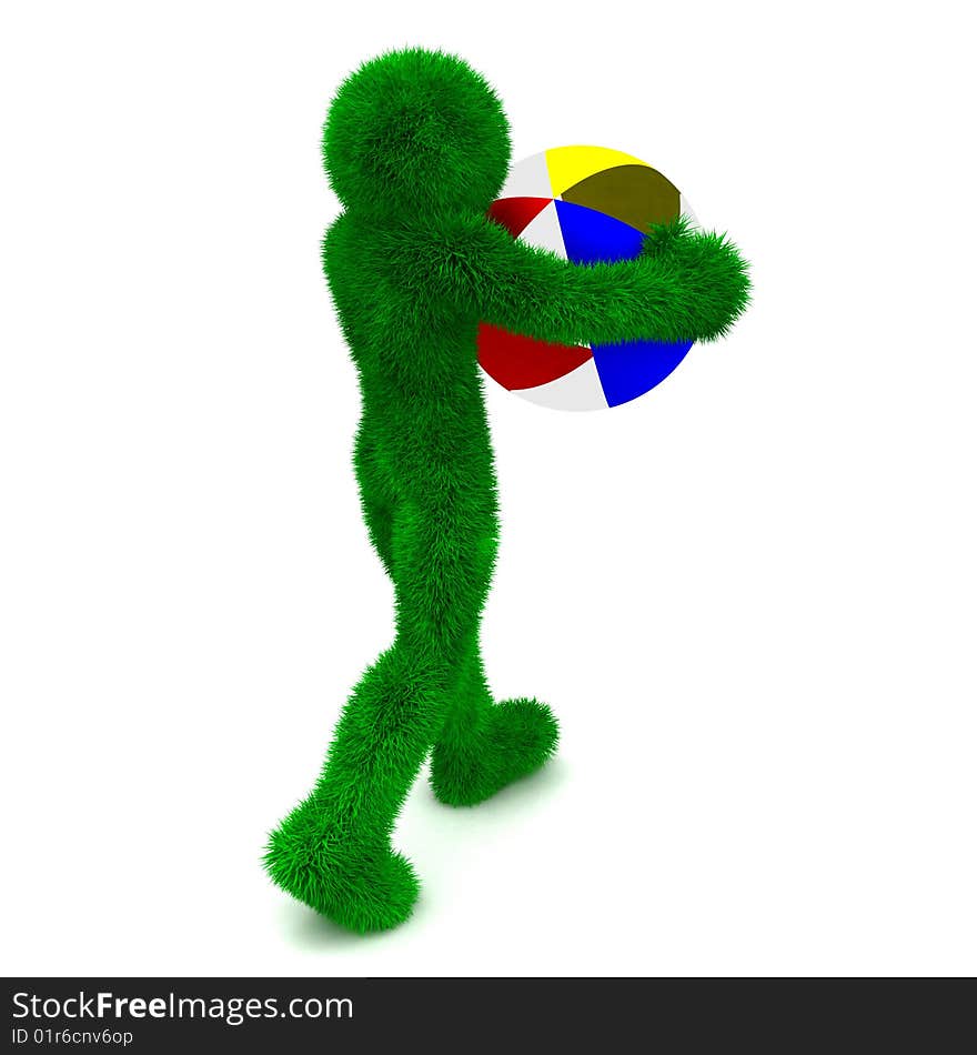 3D man holds the beach ball isolated on white.