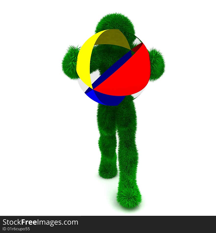 3D Man And The Beach Ball Isolated On White.