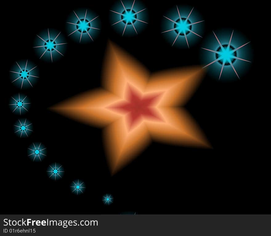 Orange star on black backgrund and many stars. Orange star on black backgrund and many stars