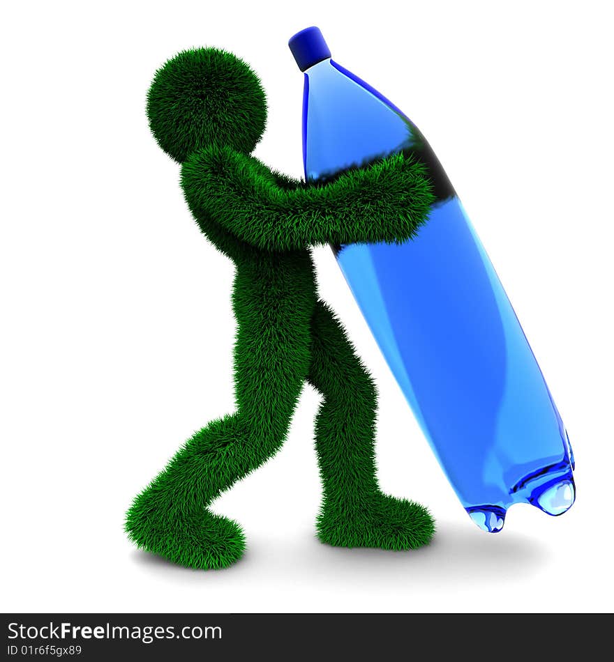 3D man holds bottle isolated on white.