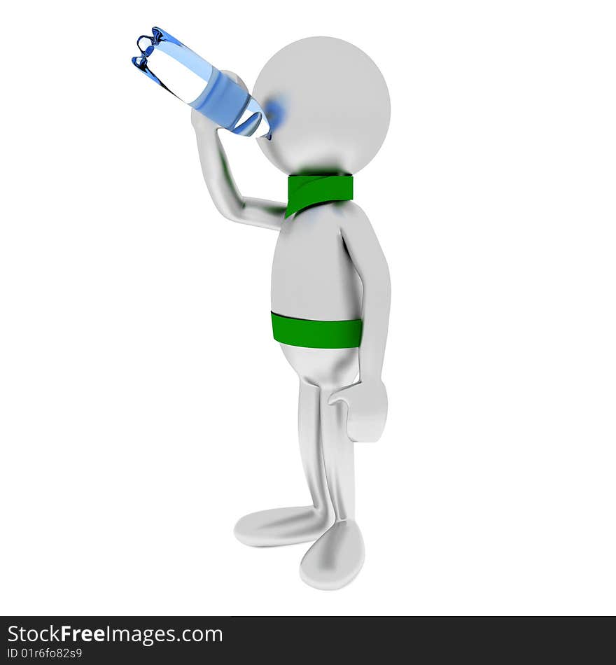 3D Man Drinks Water From A Bottle.