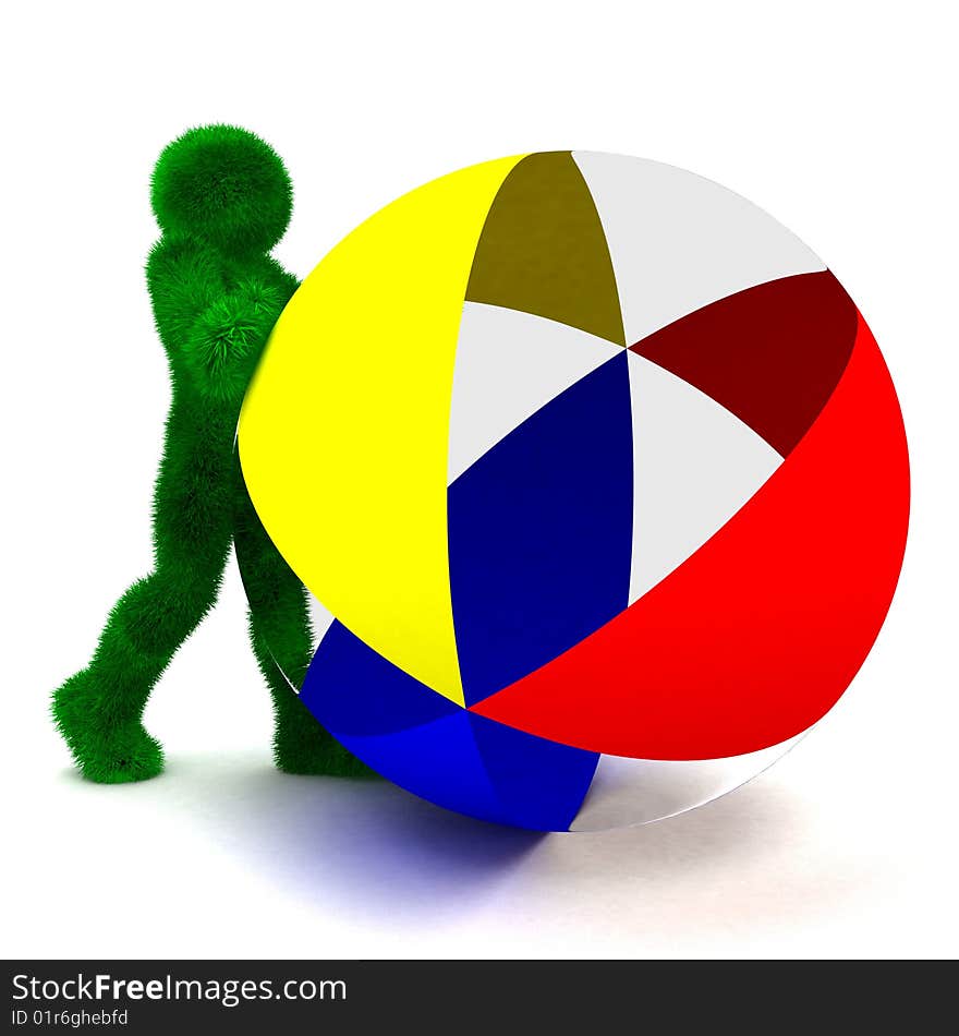 3D man and the beach ball isolated on white.