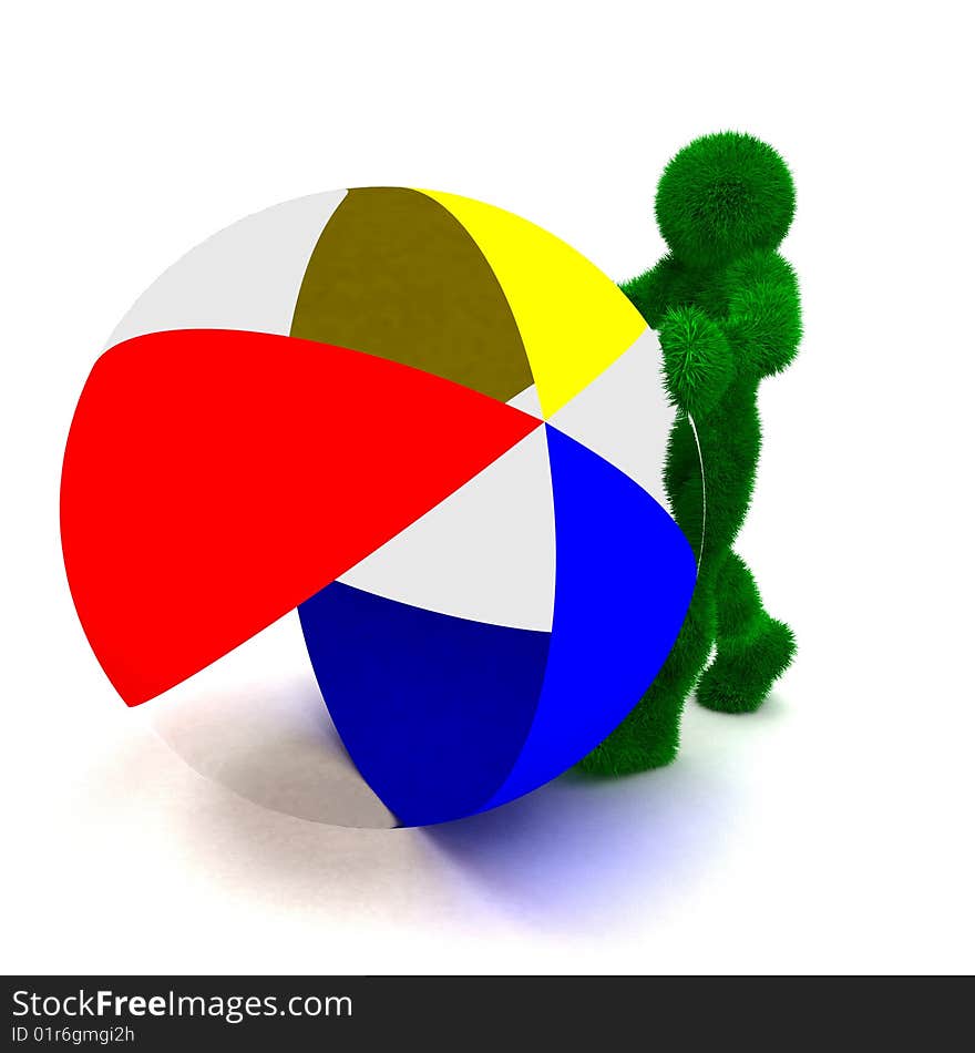 3D man holds the beach ball isolated on white.